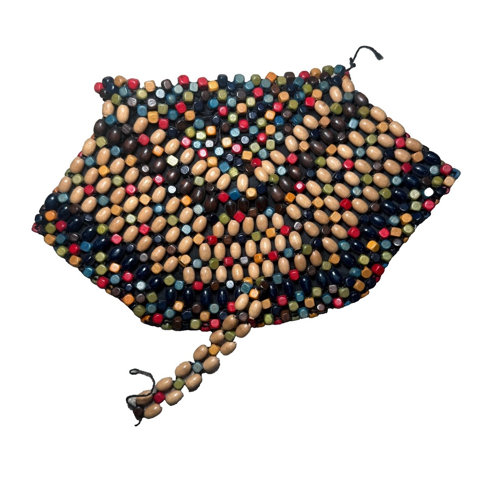 Vtg Czechoslovakia Wooden Beaded Clutch Purse Boho Handmade 1960s Mid Century